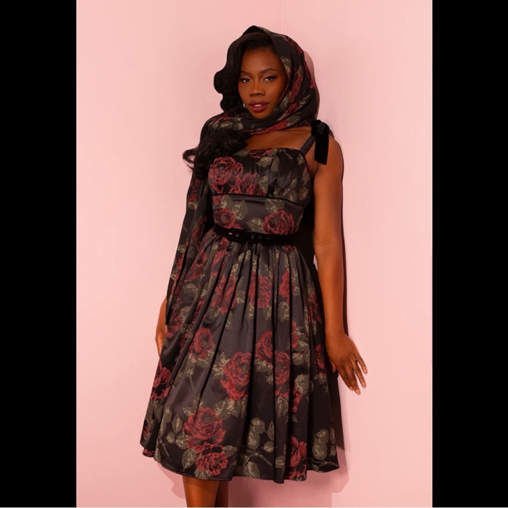 SOLD Vixen Micheline Pitt 1950s Satin Swing Sundress Black Vintage Rose